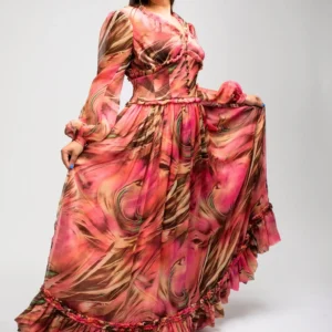 ŠIFONINĖ ROŽINĖ SUKNELĖ SU RUDAIS ATSPALVIAIS